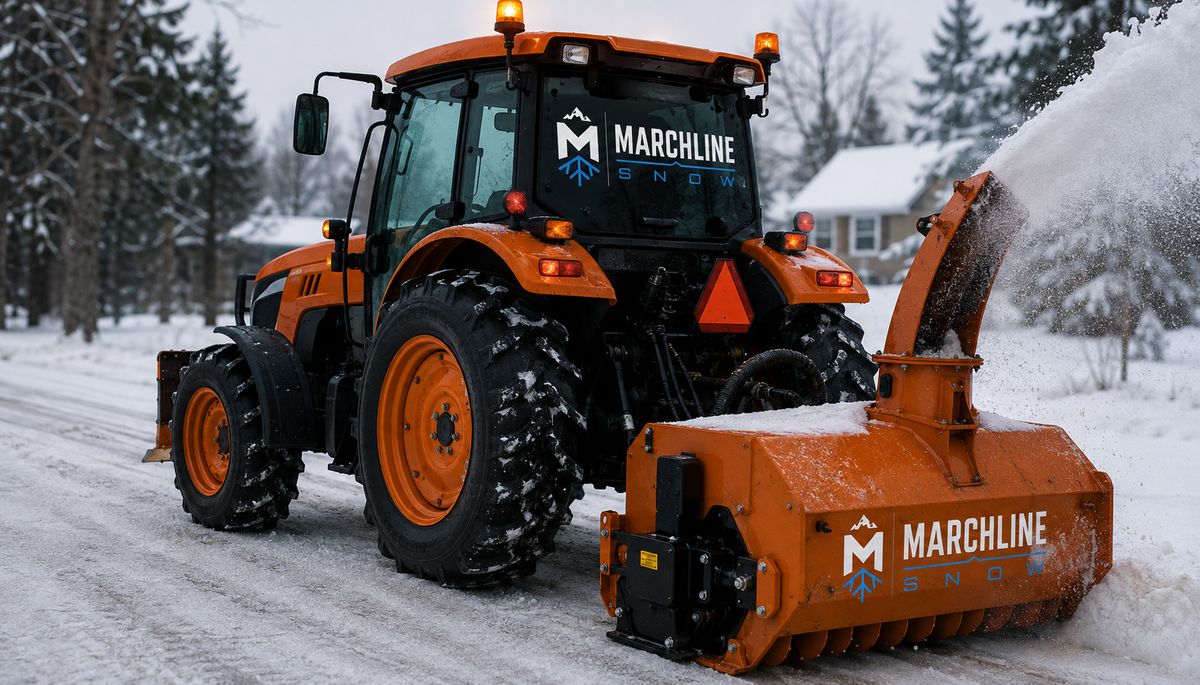 Marchline Snow branded tractor with rear-mounted snow blower clearing a residential laneway